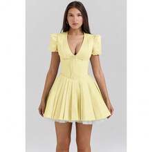 Vestido corto de flores con mangas burbuja estilo francés dulce verano ballet dopamina ajustado A-line para chicas - Amarillo - Ver 4
