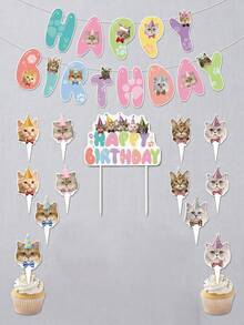 1 Set Cat Pet Birthday Banner, Pink Floral Garland Happy Birthday Bow Bunting Letter, Suitable For Cat 1st Birthday, Baby Shower Party, Home Scene Decoration - Cat Style - View 5