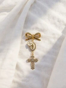 Catholic Cross Brooch, Virgin Mary Amulet, Italian Horn Accessory, Customizable Letter A-Z Cross Bow Brooch, Suitable For Daily Wear And Religious Occasions, Expresses Faith And Adds Fashionable Flair To Outfits, Perfect For Christians, Religious Enthusiasts, Fashion Seekers, Ideal For Church Services, Daily Accessories, Gifts, Holiday Gifts - Multicolor - View 9