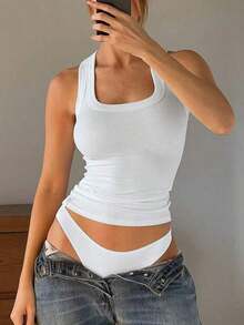 Mystra Women's Summer Simple Vintage Solid Color Ribbed Racerback Tank Top, U-Neck, Casual & Versatile White - White - View 6