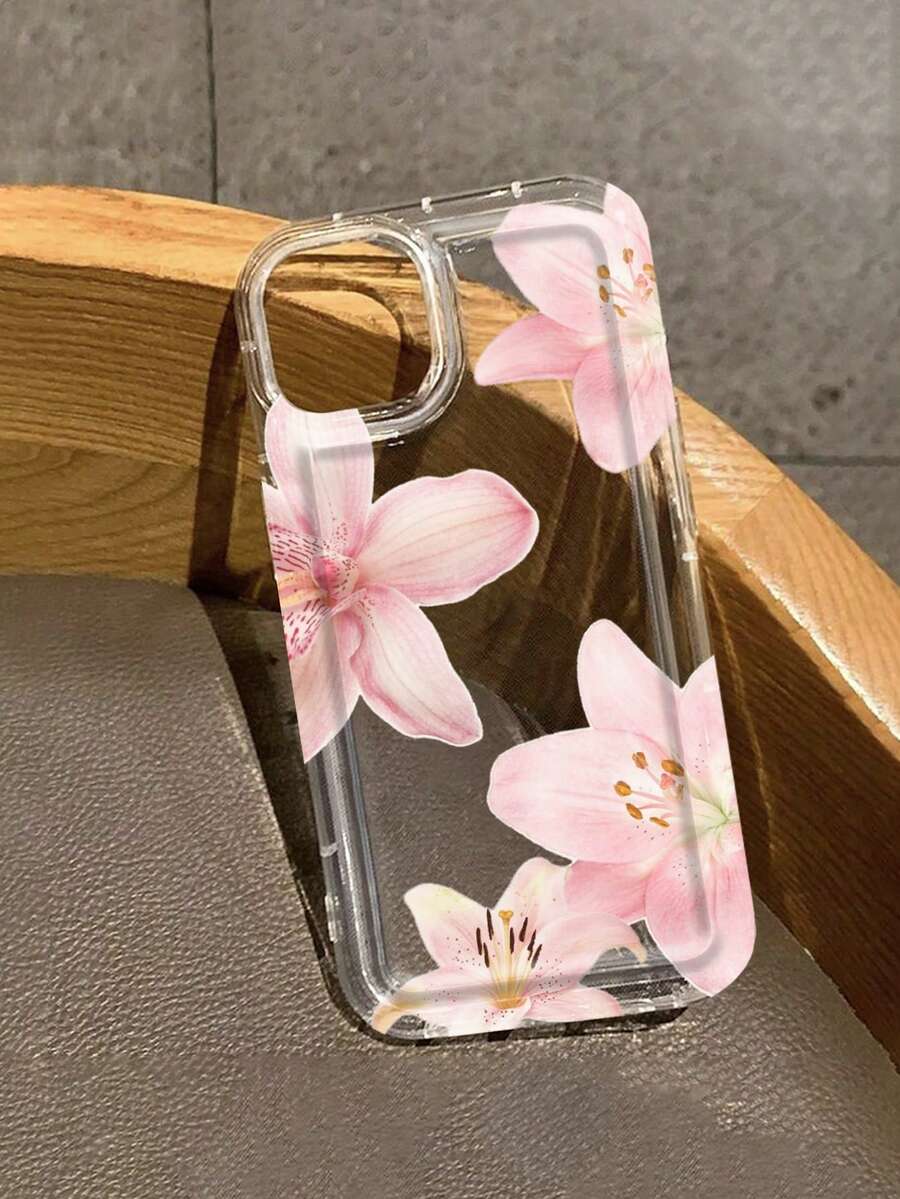 1pc Pink Lily Flower Pattern Full Coverage TPU Shockproof Phone Case Compatible With Apple 17, 16, 15, 14, 13, 12, 11 Pro Max And Series - Clear - View 1
