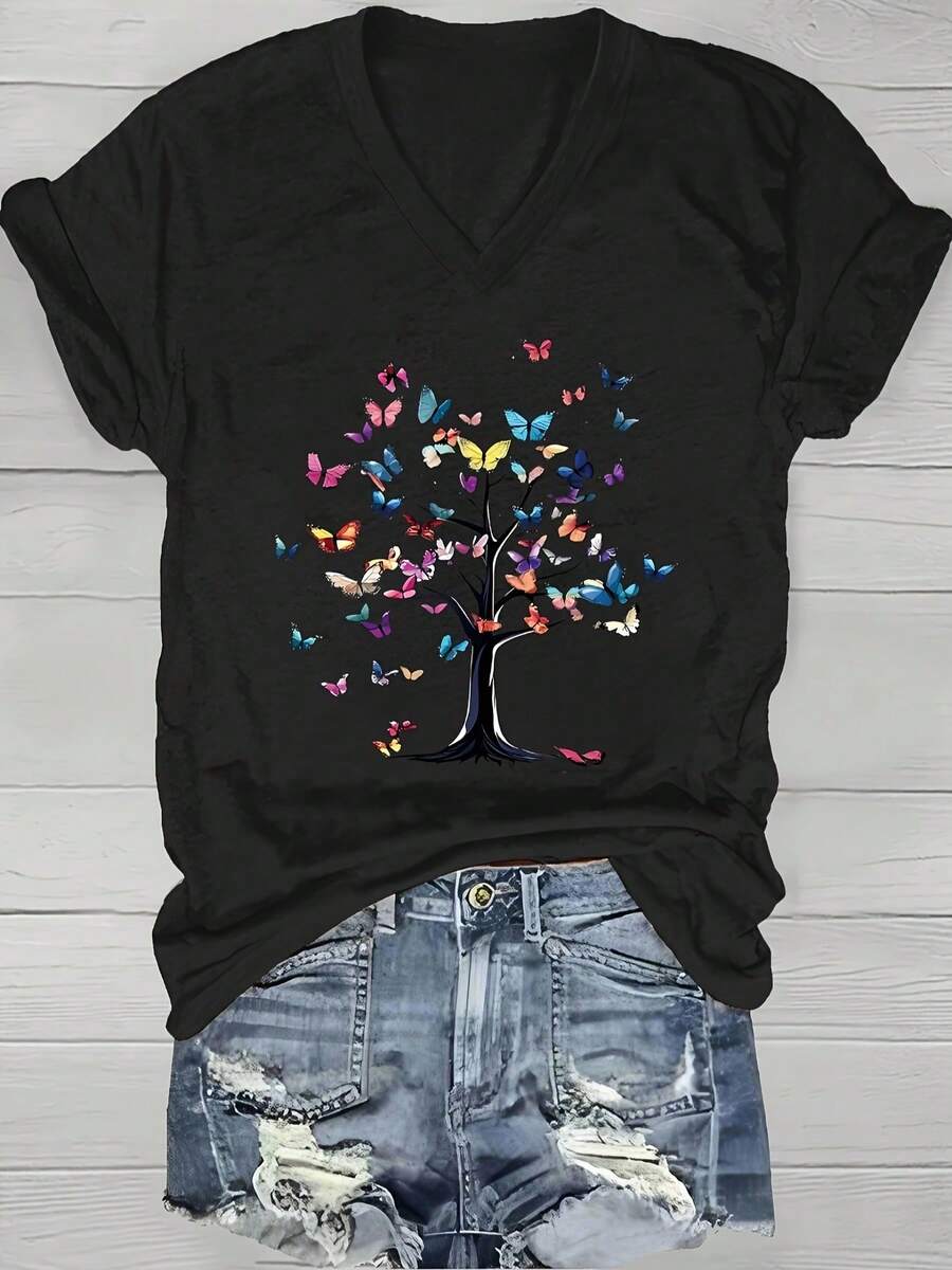 Ladies V-Neck Tee -  Casual Graphic Shirt, Made From - Light And Airy For Year-Round Wear - 黑色 - 查看 1