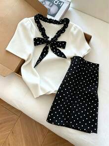 Dirp Noir Women's Summer ,Cute Sweet Style Polka Dot Bow Short Sleeve Knit Top & High Waist Skirt 2-Piece Set, Suitable For Office Commute, Back To Sc - White - View 1