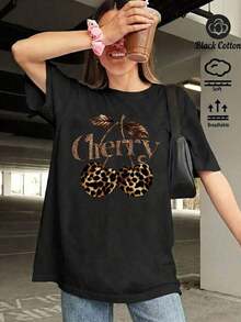 Playera Negra de Algodón para Mujer con Estampado de Cerezas en Leopardo, Camia Casual de Manga Corta Estilo Streetwear y Aesthetic, Top Moderno Suave y Transpirable con Gráfico de Moda, Blusa Juvenil de Verano con Diseño de Fruta Animal PrintAdecuado como regalo. playera de mujer. blusas>elegantes. boho chic,Exquisita camiseta estampada de cuello redondo para mujer, ideal para varias estaciones, perfecta para vacaciones, viajes y días festivos. - Negro - Ver 7