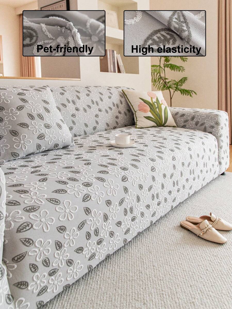 1pc Cationic Fabric Spring/Summer Fresh Floral & Plant Full Coverage Elastic Sofa Cover, Pet-Friendly All Season Use, Non-Fading Non-Deforming Stretch Design, Fits L-Shaped Sofa, Small Sofa, Sofa Set, Sofa Slipcover - Grey - View 1
