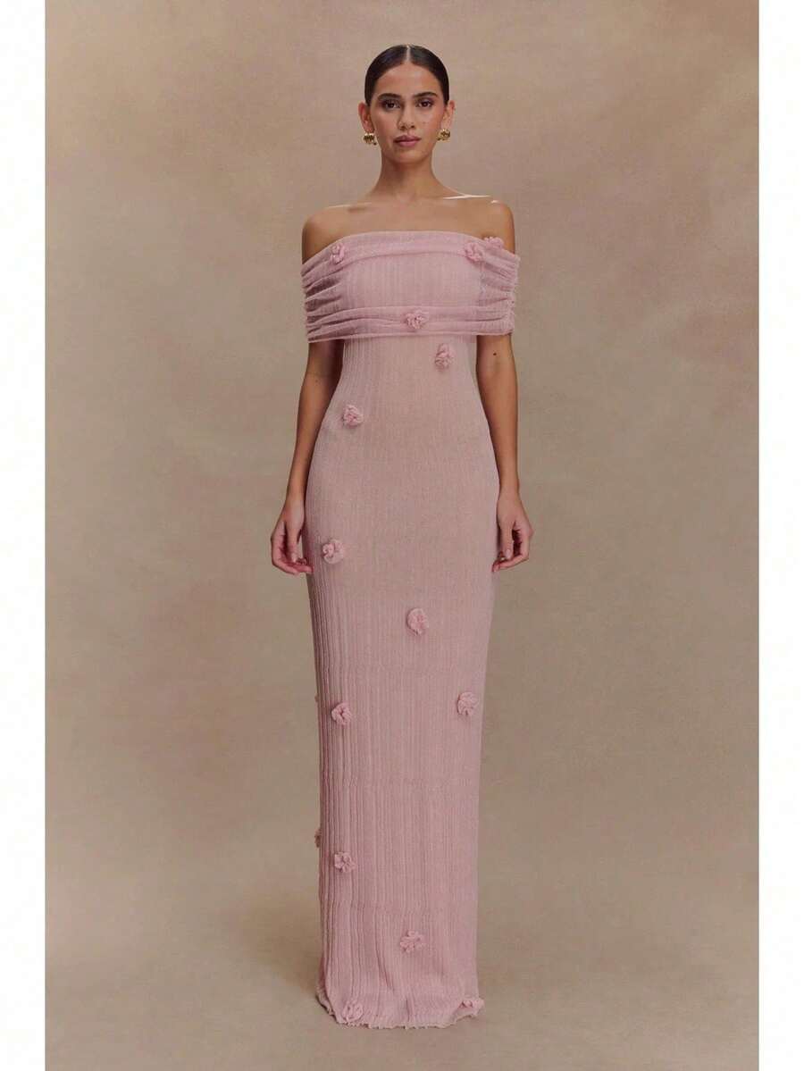 Nuevo vestido largo de borrador de pecho de vacaciones para mujeres mujeres mujeres delgadas, flores de caderas, hombro con hombro vestido largo - Rosa - Ver 1