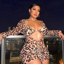 Swim  Plus Size Leopard Print 3-Piece Bikini Set For Beach In Summer - Rosa Fucsia - Ver 6