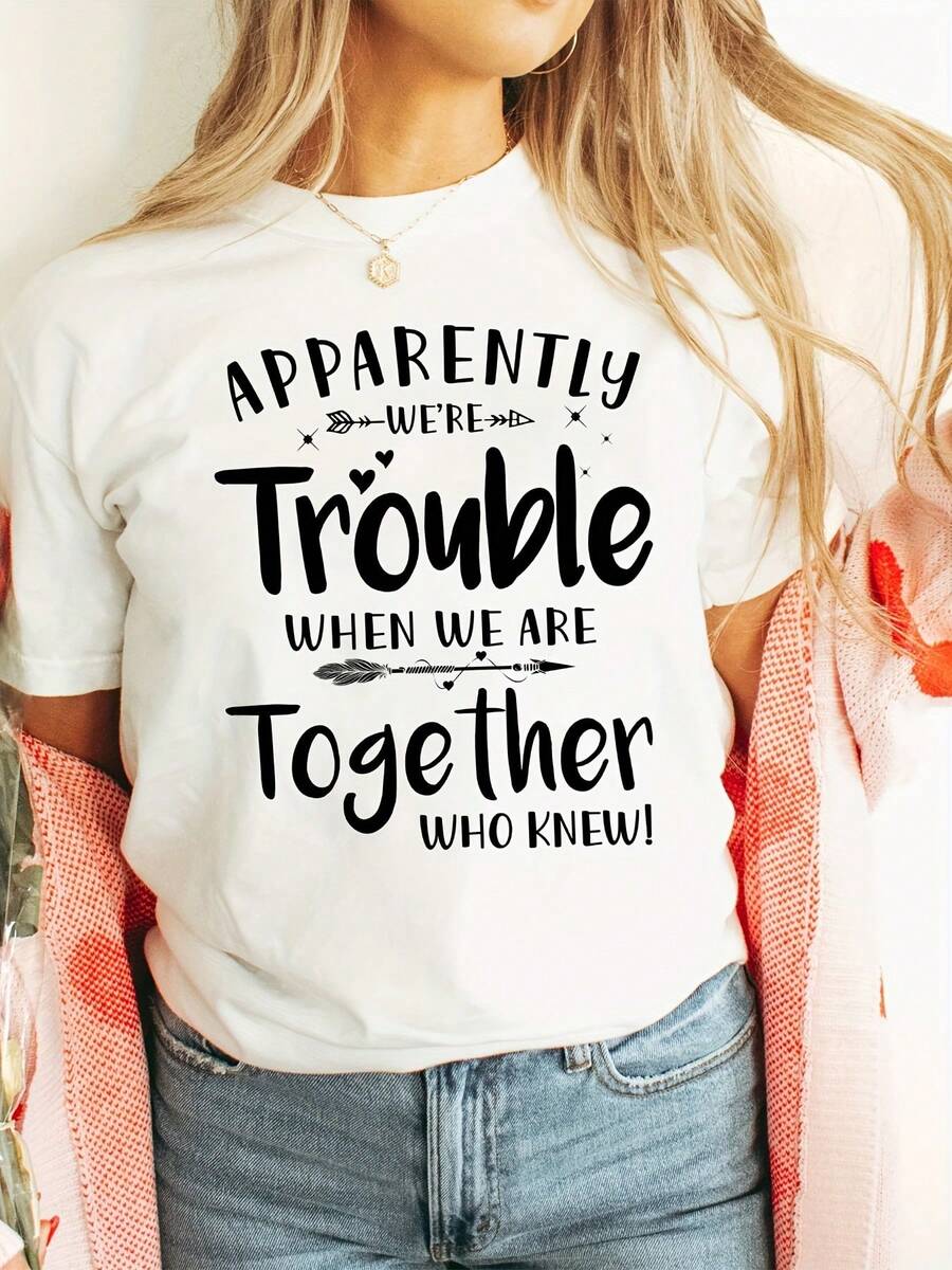 Camiseta de Moda con Estampado de Letras para Mejor Amiga, Manga Corta y Cuello Redondo, Top Casual para Verano y Primavera, Ropa de Mujer - Blanco - Ver 1