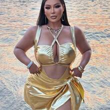 Swim  2026 New Summer Beach Vacation Sexy Swimsuit Set, Two Pieces Gold Metallic Fabric Plus Size One-Piece Swimwear - Dorado - Ver 2