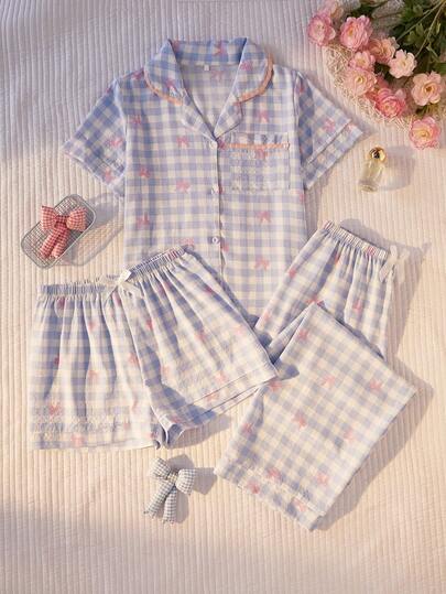 3 piezas Conjunto de pijama suelto y cómodo con estampado de cuadros y lazos para mujer, con bolsillos, blusa de manga corta y pantalones cortos/largos, adecuado para verano y otoño