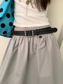 1件装女士黑色PU皮革朋克风极简双排铆钉设计独特腰带 - 黑色 - 查看 2