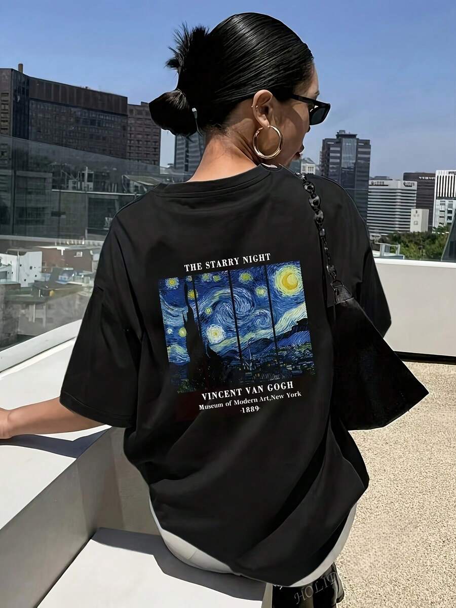 Camiseta mujer manga corta, estampado "Noche Estrellada" Van Gogh, versátil, primavera-verano, lavable a máquina, casual - Negro - Ver 1