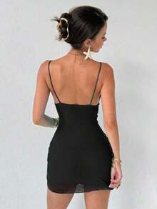 Nuevo vestido camisero romántico y sexy con cuello en pico, contraste de malla brillante y shorts, mini vestido anti-destellos - Negro 2 - Ver 2