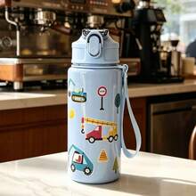 1 Stück 500ml (17oz) Kinder Cartoon Muster süße Strohhalm Tasse, bestes Geschenk für Mädchen und Jungen für Schulanfang oder Abschluss, Outdoor Sport Wasserflasche, Campus Studenten Cartoon Tasse - Transparent - Übersicht 12