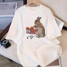 Camiseta de manga corta para mujer, estilo coreano, holgada, talla grande, informal y versátil, novedad de verano 2025. - Negro - Ver 2