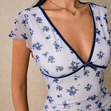 Women's Contrast Trim Cap Sleeve Fitted Midi Dress, Elegant Summer - Azul - Ver 5