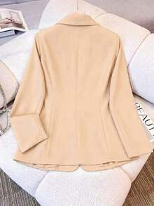 Chaqueta de blazer de unicolor con solapa para mujer, de manga larga con botones y bolsillos, adecuada para otoño, invierno y primavera.Chaqueta de oficina de manga larga, prenda exterior versátil para negocios y hogar, apta para otoño, invierno y primavera - Albaricoque - Ver 4