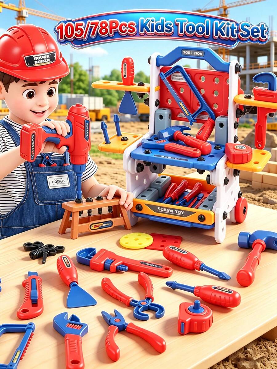 105/78 Piezas Juego de Herramientas, Juguete de Construcción Simulada 2 en 1 con Banco de Trabajo y Carrito, Incluye Taladro Eléctrico, Destornillador, Llave Inglesa, Caja de Almacenamiento, Juguete Práctico de Ensamblaje - Varias opciones disponibles (embalaje mejorado) - Ver 1