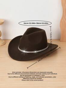 1pc Unisex Rhinestone Band Felt Cowboy Hat, Wide Brim Western Cowboy Hat For Rodeo Party Festival Outdoor Travel,Beach,Holiday - A - View 2