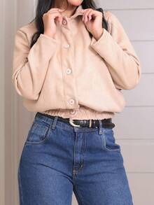 Women's Bomber Jacket, Long Sleeves, Suede, Pockets, Fashion. - 米色 - 查看 3