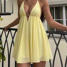 Women's Summer Black Spaghetti Strap Mini Dress, Deep V-Neck Camisole Style Tie-Up Chiffon Flowy Beach Holiday Party Dress Elegant - Blanco - Ver 10