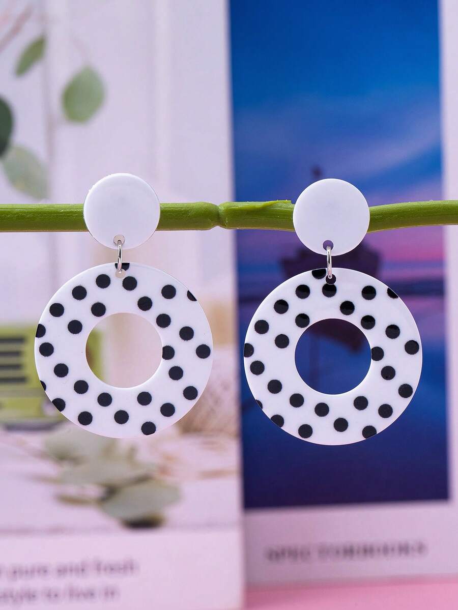 1 Đôi bông tai thời trang chấm bi đen trắng, hình giọt nước tròn, làm từ chất liệu acrylic, thích hợp để đeo hàng ngày. - Đen và trắng - Xem 1