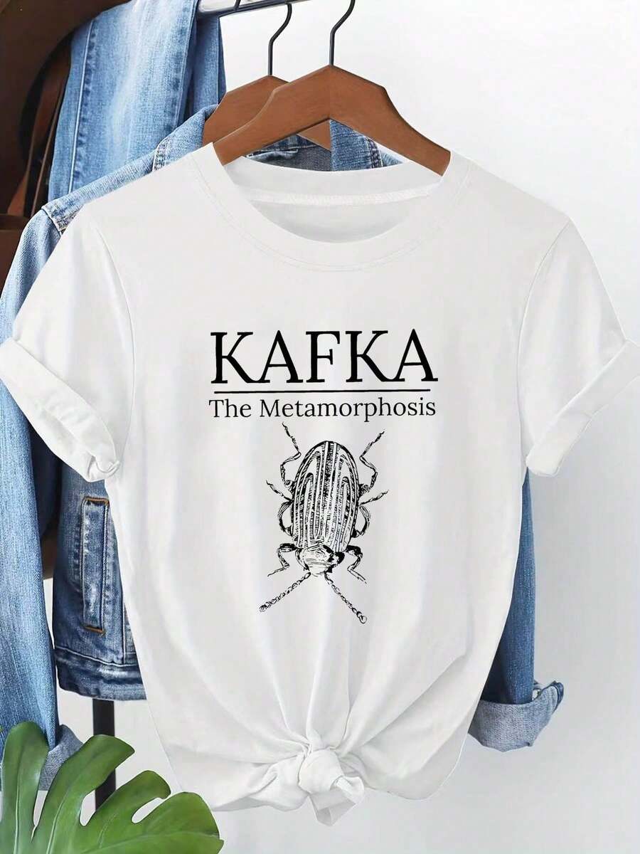 Plus Size Women's T-Shirt With Kafka The Metamorphosis Graphic Print, Short Sleeve, Round Neck, Casual Top For Summer And Spring, Women's Clothing - 白色 - 查看 1
