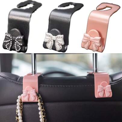 2pcs Creative New Pearl Bowknot Car Seat Headrest Hanger, Car Decor Organizer Hook For Handbag, Purse, Shopping Bag, Hat