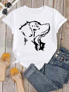 New Women's Scotia Retriever T-Shirt - Black And White Dog Lover Pattern, Short Sleeve, Casual Summer Crew Neck Top, Machine Washable Gift Suitable For Dog Lovers, Pet Owner Clothing, Geometric Pattern Stretch Fabric, Fun Dog Design For Everyday Wear - 白色 - 查看 2