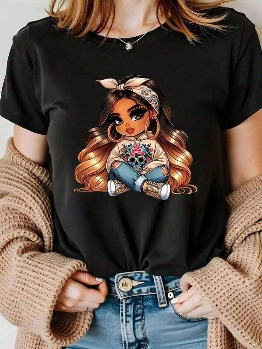 Camiseta unisex de algodón purográficodeanimemangaparamujeres-Impresióndepersonajechibihermosoajusteinteligentecuelloredondo,mangacorta,tallagrandeypequeña,conjunto de ropacasualropadeculturapopjaponesacómodaparatodos elloslasestacionesconvibranteilustracióndedibujoanimado,blusasparamujer,blusas,playerasdemujer,blusaselegantesdama,topsdemujer,blusa,SoftAlgodón,InformalDiarioRopa, LindaDiseño,CómodoDesgaste - Negro - Ver 1