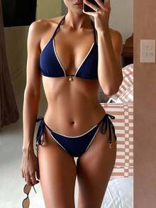 Swim Vcay - Conjunto de Bikini Triangular Sexy con Ribete de Encaje para Mujer, 2 Piezas, Conjunto de Bikini Halter con Tiras Simples para Vacaciones de Verano en la Playa - Verde - Ver 8