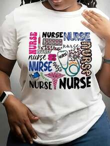 1 camiseta de manga corta con cuello redondo y diseño de enfermera, estilo casual, hecha de tela ted, con diseños de letras, 180g, 100% algodón, los diseños están impresos. Unisexo. - Blanco - Ver 2