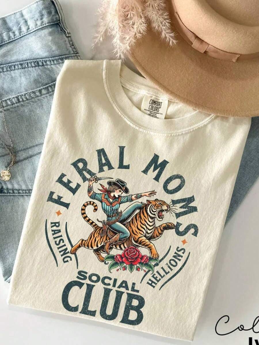 Wild Mom Social Club T-Shirt, Vintage Print T-Shirt, Wild Mom Gift, Someone's Wild Wife, Mom Life T-Shirt,  Mom Clothes. - 杏色 - 查看 1