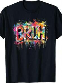Men's Premium Unisex Casual T-Shirts, Colorful "Bro." Graphic T-Shirt - Soft Cotton Casual T-Shirt With Vibrant Print, Premium Quality Black Crew Neck T-Shirt For Casual Wear, T-Shirts - 黑色 - 查看 6