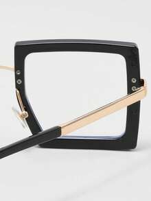 1pc Women's PC Large Frame Square, Gold Plastic Combo, Commuter, European & American Personality, Face-Slimming, Light Non-Prescription Glasses, Suitable For Daily Use - 黑色 - 查看 5