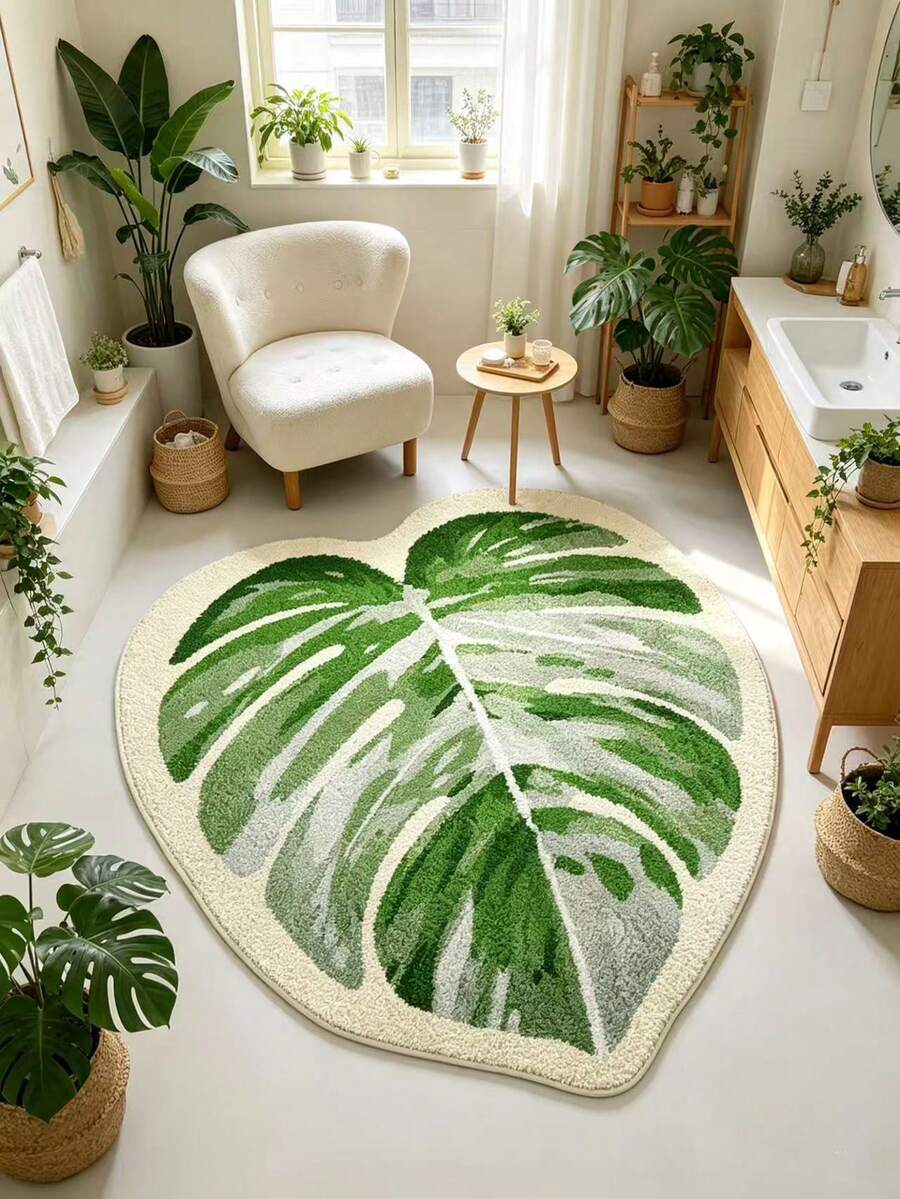 1 pieza Alfombra de baño suave, absorbente y esponjosa con patrón de hojas blancas y verdes, adecuada para la decoración del hogar, la entrada y la protección interior, alfombra de baño, felpudo, alfombra pequeña, alfombra, decoración del hogar, alfombra de área pequeña, alfombra de exterior, decoración del hogar, alfombra de área, alfombra de dormitorio, alfombra lavable - Multicolor - Ver 1
