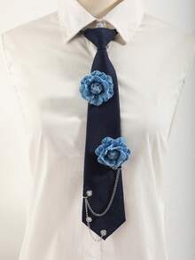 1pc Women's Denim Flower Chain Detachable Tie, Collegiate Style Shirt Accessory - Navy Blue - View 2