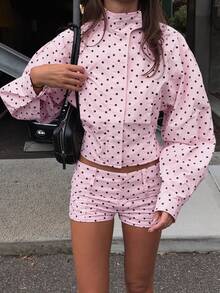 Chaqueta de primavera con cuello alto, estilo casual y retro, con estampado de lunares y bolsillos, para uso diario - marrón rosado - Ver 3