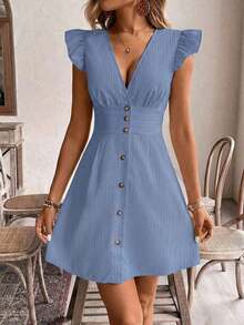 Vestido casual de vacaciones para mujer con mangas de volantes y botones delanteros de unicolor, vestidos de verano para mujer, vestido de té de vacaciones - Azul - Ver 3