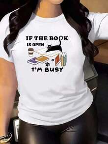 Women's Casual T-Shirt With Cat Reading Print, Loose Fit Casual T-Shirt For Women With Cat Reading Print, Women's T-Shirts - 白色的 - 查看 6