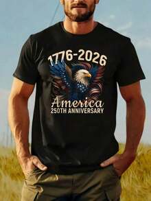 T-shirt da uomo per il 250 ° anniversario con aquila patriottica e bandiera americana, design commemorativo 1776-2026, 180g di tessuto pesante, giroco - nero - Visualizzare 5
