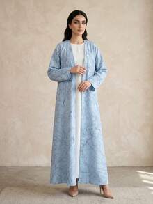 Áo khoác Abaya dài dáng rộng màu xanh nhạt in họa tiết đường kẻ cơ bản, áo cardigan dáng suông tôn dáng, áo choàng mặc hàng ngày thanh lịch và đa năng dành cho phụ nữ. - Xanh và trắng - Xem 3