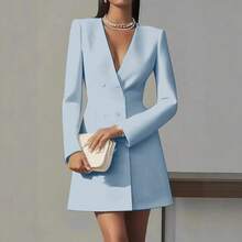 Women's Double Breasted V Neck Blazer Dress, Long Sleeve Solid Color, Elegant French Style Office & Party Dress - 杏色 - 查看 4