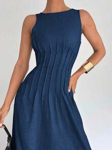 Nuevo vestido largo de verano con corte en la cintura y diseño fruncido, estilizador - Azul marino - Ver 6