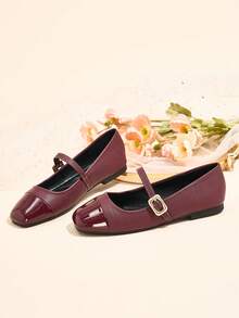 2026 Nouvelles ballerines Mary Jane métalliques dorées pour femmes, polyvalentes pour les trajets, mode élégante, boucle à sangle unique - Rouge foncé - Voir 5