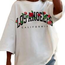 Camiseta Casual Holgada de Verano 2024 para Mujer, de Manga Corta, con Estampado de Letras y Cuello Redondo - Blanco - Ver 6