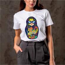 100% algodón puro, estampado dulce y fresco, adecuado para usar como prenda exterior, rejuvenecedor, corte holgado, estilizador, único, casual, cómodo, cuello redondo, manga corta. - Negro - Ver 5