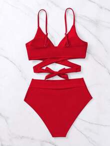 Swim Vcay Bikini minimalista de unicolor 2025, ropa de baño de playa de vacaciones de verano - Rojo - Ver 2