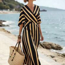 Holidaya Women's Yellow Striped Loose Vacation Spring/Summer V-Neck Fit-And-Flare Dress, Suitable For Vacation, Casual, Home And Daily Activities - Marrón - Ver 2