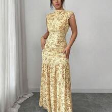 Elenzya Yellow Printed Ruched Waist Slit Elegant Dress For Women - Amarillo claro - Ver 5